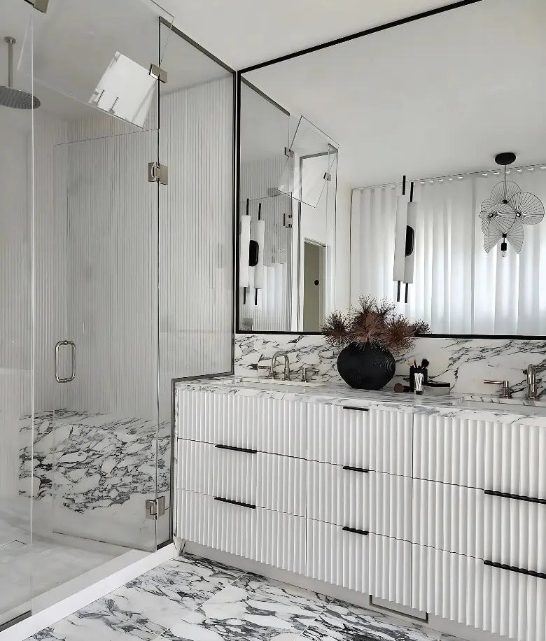 White lacquer fluted custom vanity, Chicaog, IL